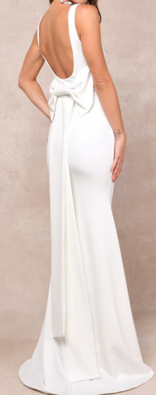 LULU'S SZ L Loving Fate White Bow Square Neck Backless Bridal Maxi Dress NEW B46